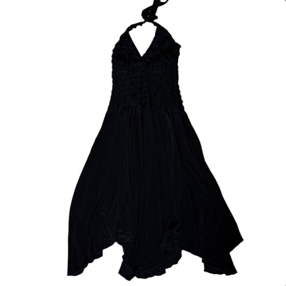 Bellessa dress ruffle frilly halter fairy asymmetrical hem black stretchy 10